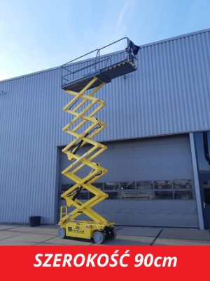 Yellow scissor lift by the building, sign "width 90cm".