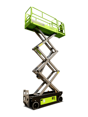 Mobile scissor lift on a green background.